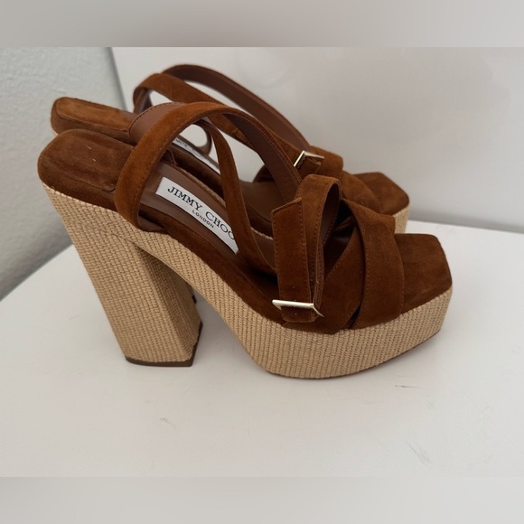 NWT JIMMY CHOO SUEDE GAIA PLATFORM SANDALS WITH RAFIA HEEL 14CM - Picture 4 of 6